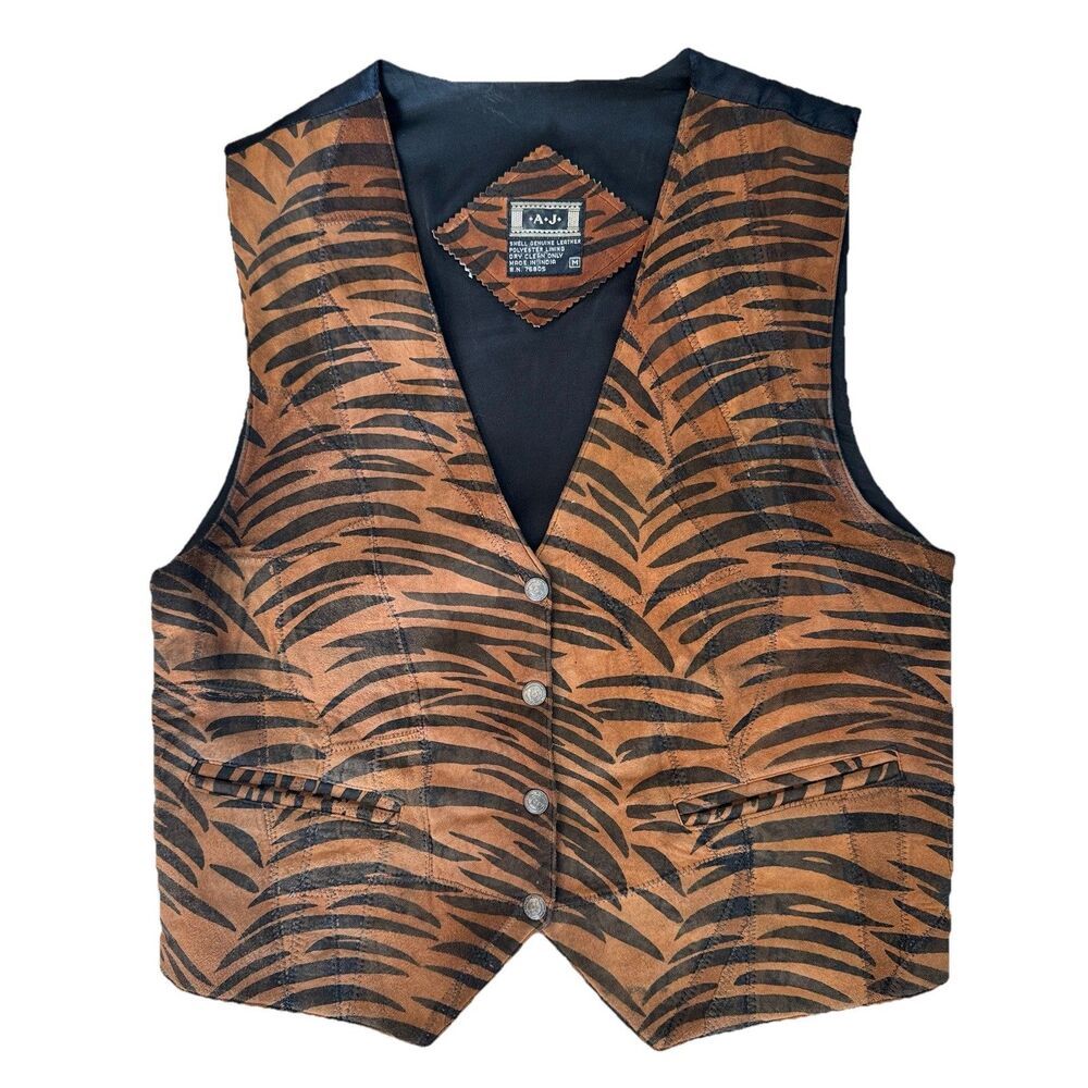 Vintage 90s Tiger Print Genuine Leather Vest Patchwork Western Biker Cowgirl M